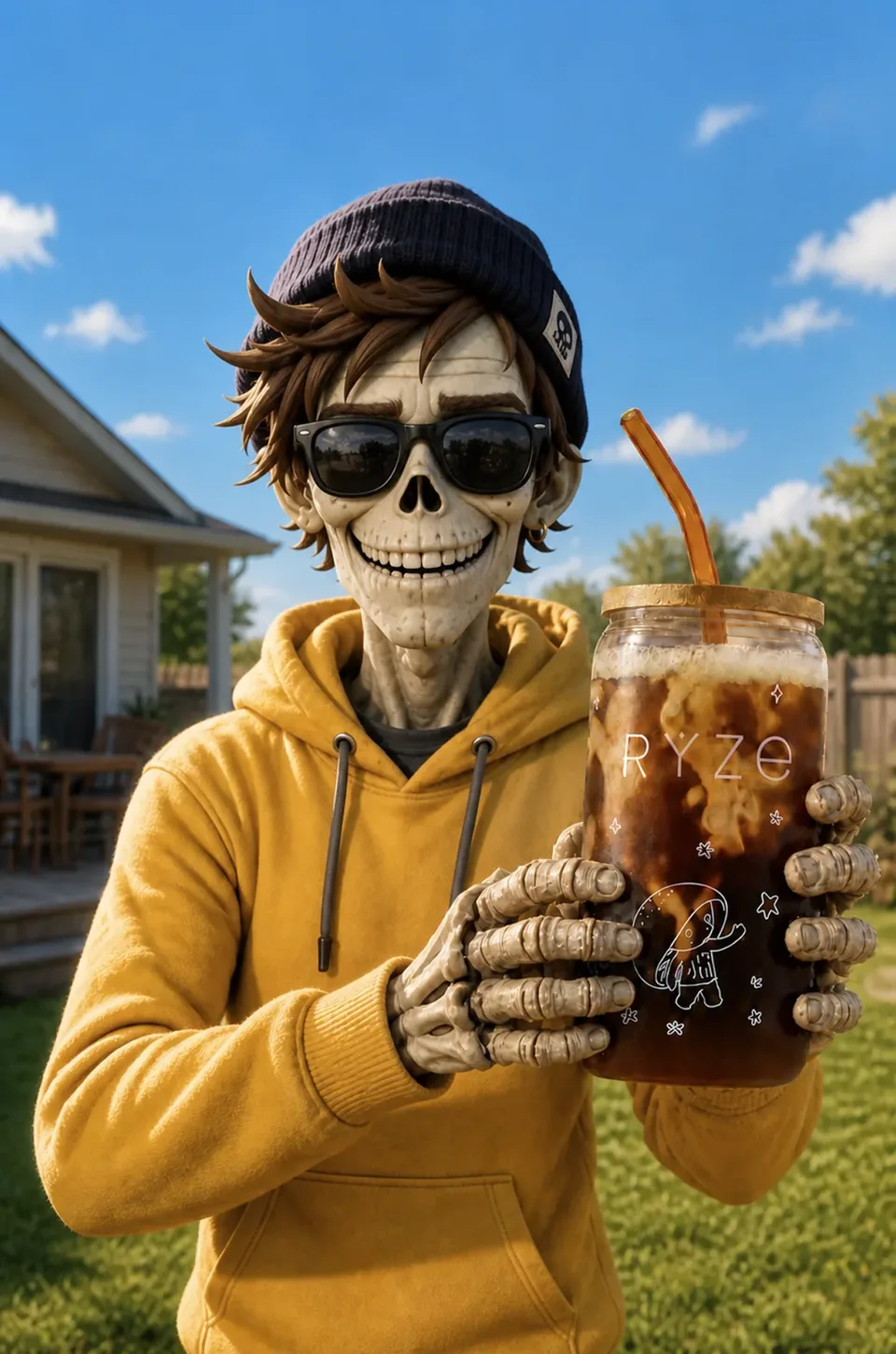 Skeleton character holding an oversized iced RYZE mushroom coffee in a sunny backyard