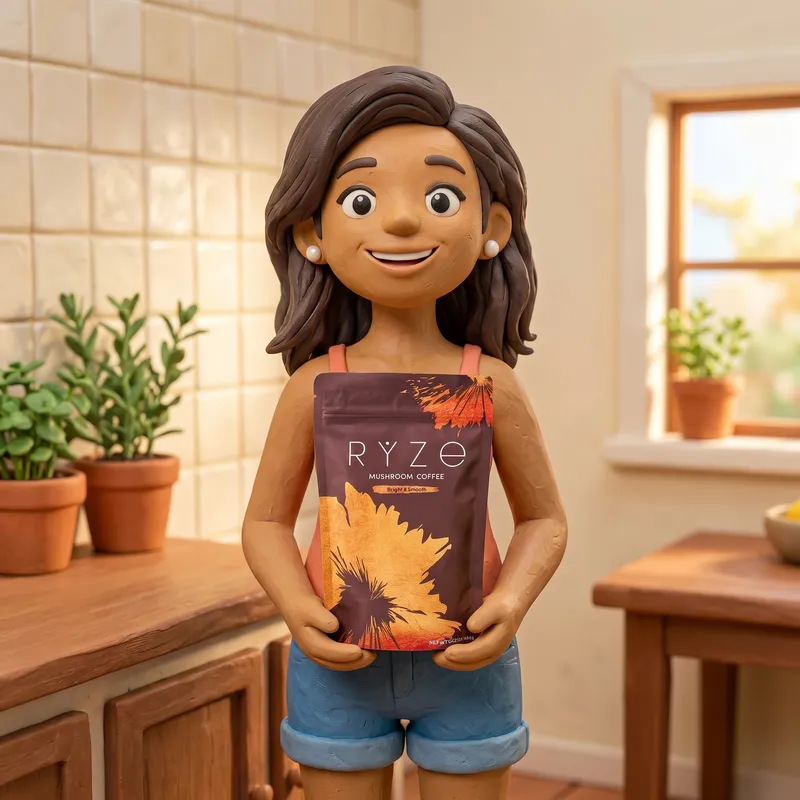 The claymation woman in her bright kitchen holding up the brown RYZE Mushroom Coffee pouch with the label facing the camera.