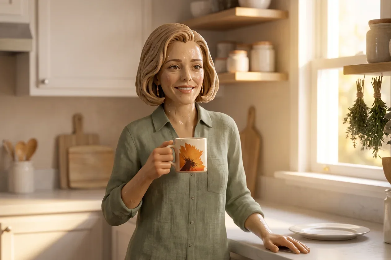 The textured-clay 3D woman from the ad, a slim blonde in her late forties with a chin-length bob relaxed at her herb-kitchen counter after lunch, the plate cleared, RYZE mug in hand.