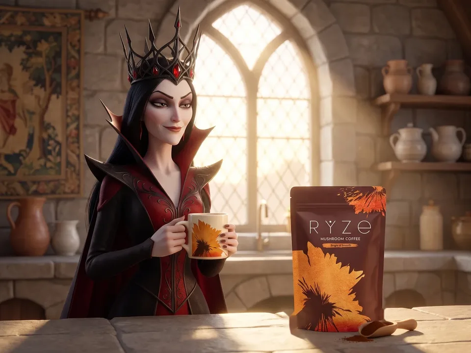 The queen with her RYZE mug in both hands at the sunlit castle kitchen counter, the brown RYZE pouch and wooden scoop beside her