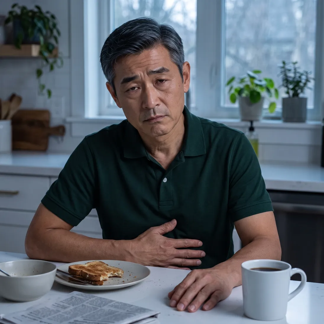 A tired man at breakfast with a hand on his stomach and a plain mug of coffee, cool grey light.