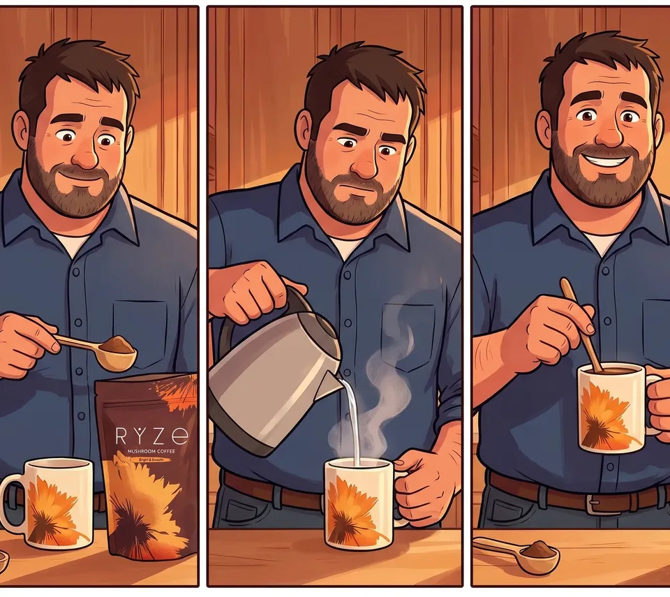 Three panels of the animated bearded foreman scooping RYZE with the wooden scoop, pouring hot water and stirring the mug.