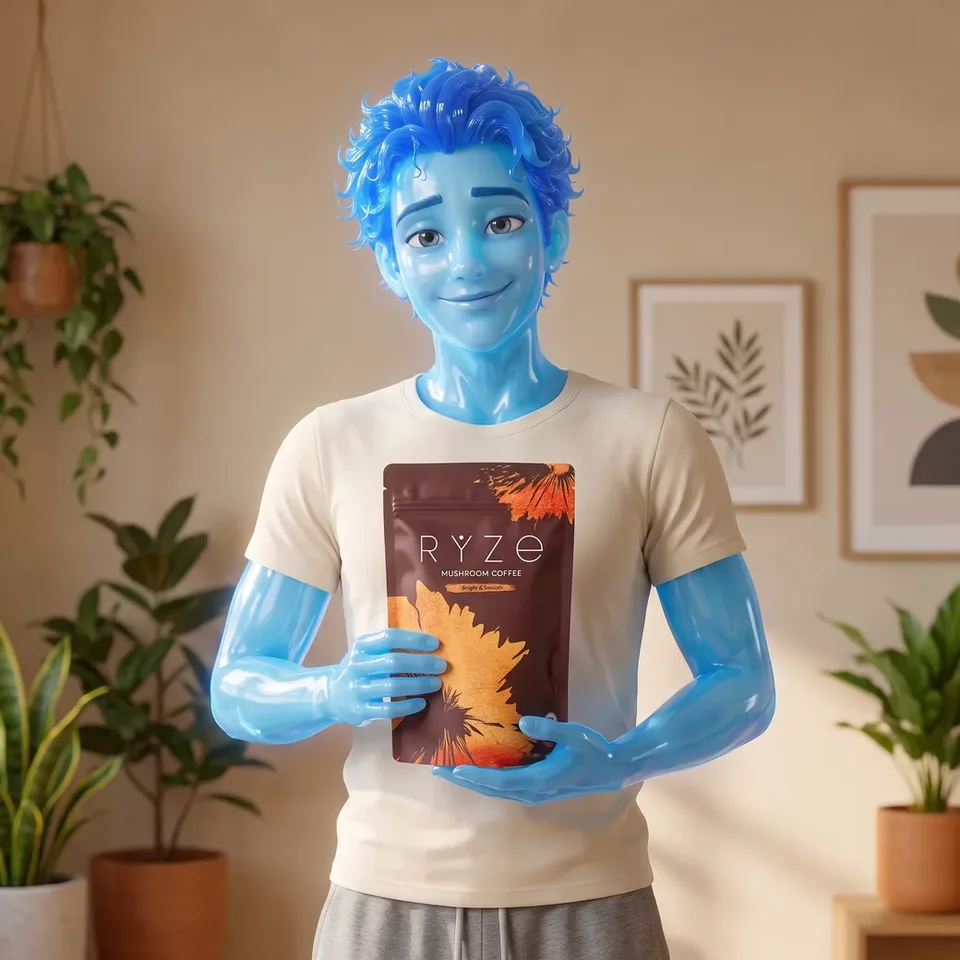 The animated blue glass man holding the brown RYZE Mushroom Coffee pouch with both hands