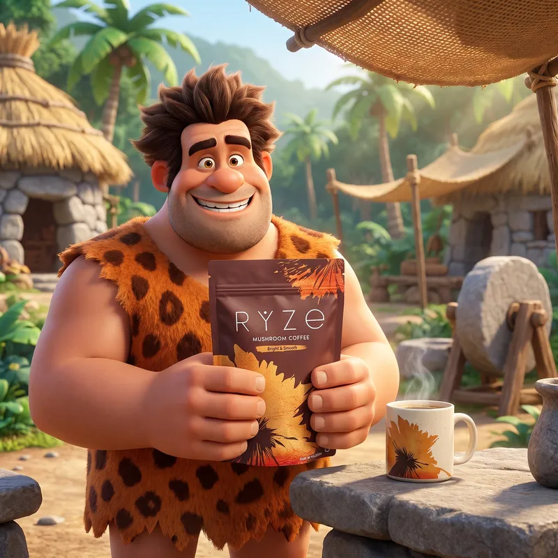 Animated caveman holding a bag of RYZE Mushroom Coffee in his hut, his RYZE mug steaming on the counter