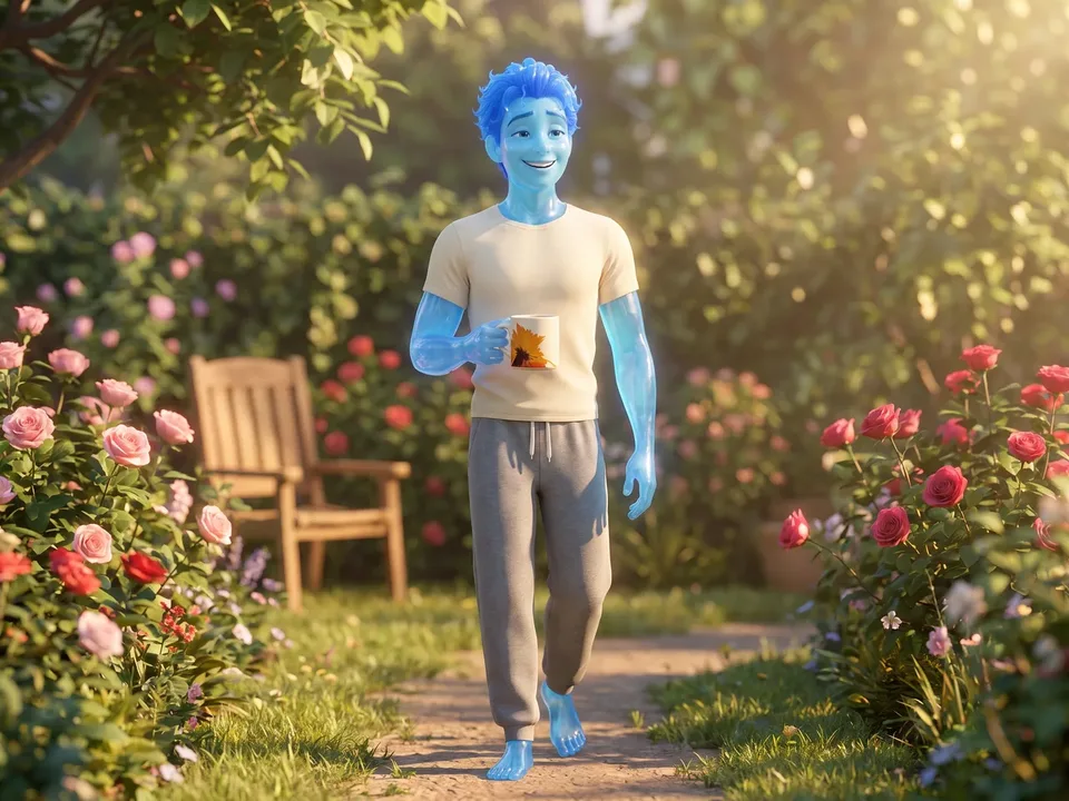 The same blue glass man walking down his garden path on a bright morning with his RYZE mug