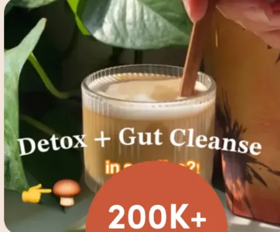 Creator video: stirring a RYZE latte, “Detox + Gut Cleanse”