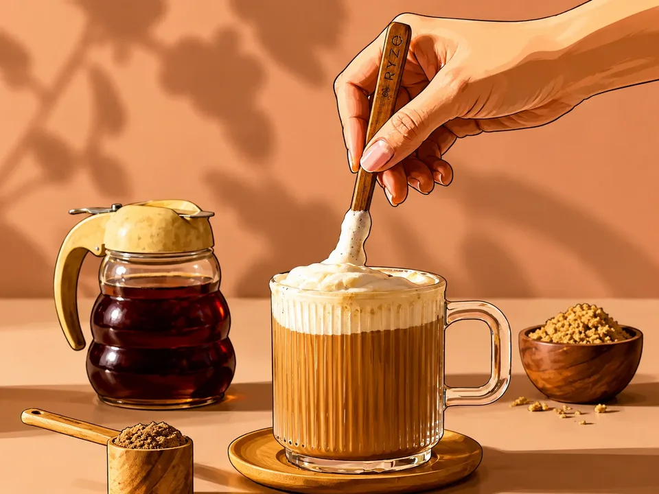 Creamy RYZE latte in a glass mug