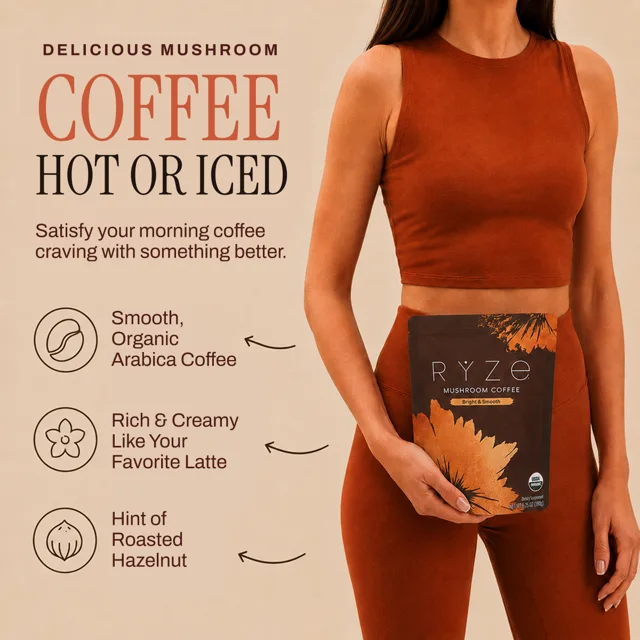 Delicious mushroom coffee, hot or iced — smooth organic Arabica coffee, rich and creamy like your favorite latte, with a hint of roasted hazelnut