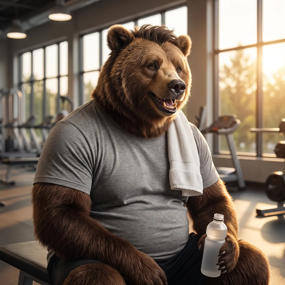 The same bear character relaxed and laughing on a gym bench in golden evening light