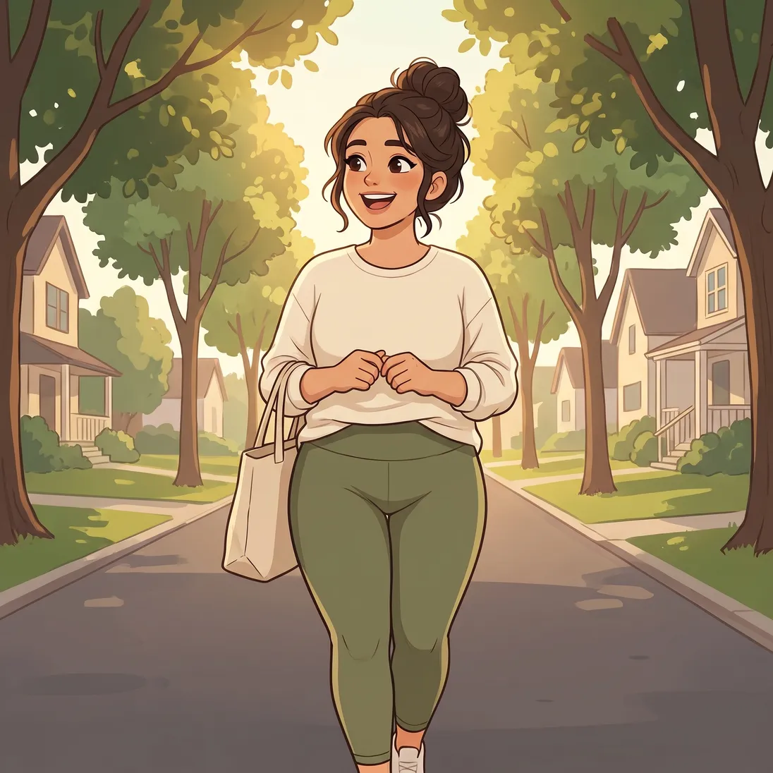 The illustrated woman from the ad laughing on a tree-lined street in the late-morning sun, a tote bag in both hands.