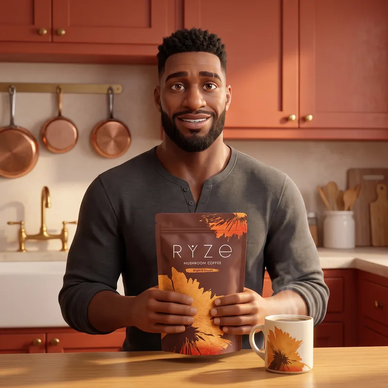 Animated man holding a bag of RYZE Mushroom Coffee in his bright terracotta kitchen, a RYZE mug steaming beside him