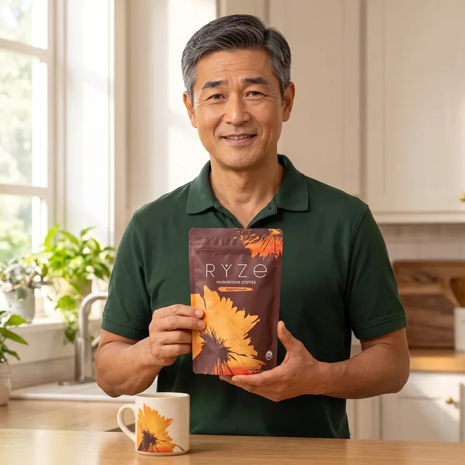 The man holding the brown RYZE Mushroom Coffee pouch with both hands in his kitchen.