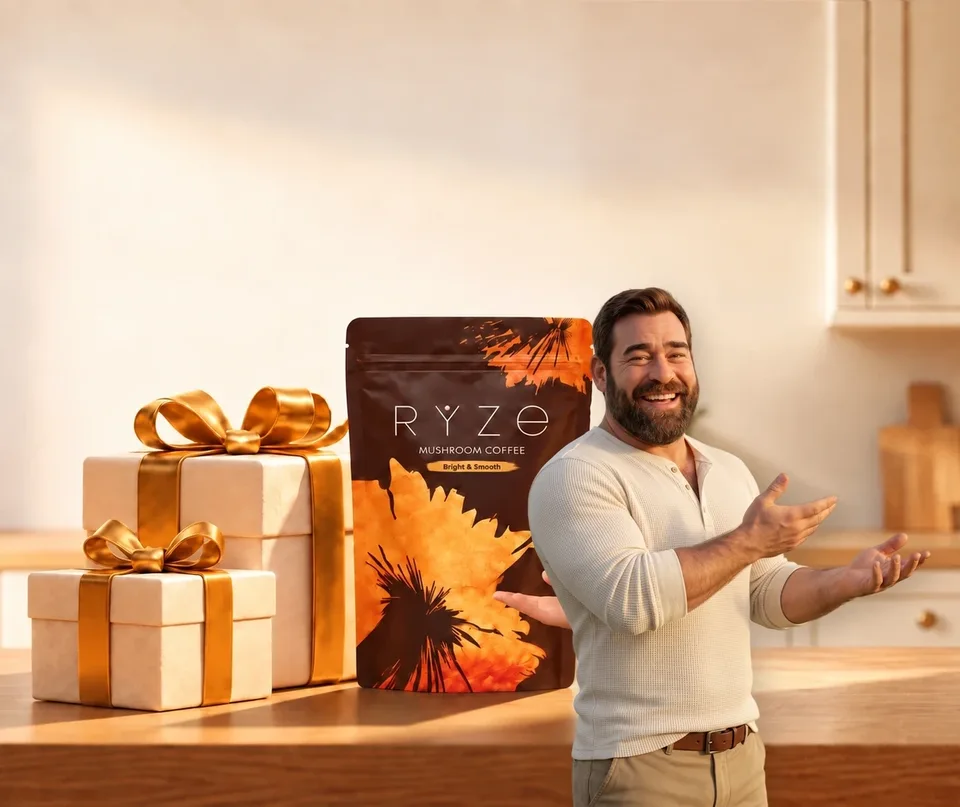 UP TO 40% OFF + FREE GIFTS. RYZE coffee and two wrapped gifts on a kitchen counter with the animated bearded dad presenting them in the foreground.