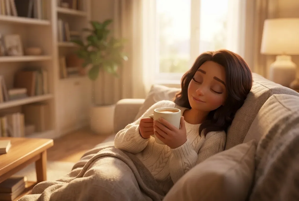 Animated mom curled on the couch in morning light, calm, cradling a mug of RYZE