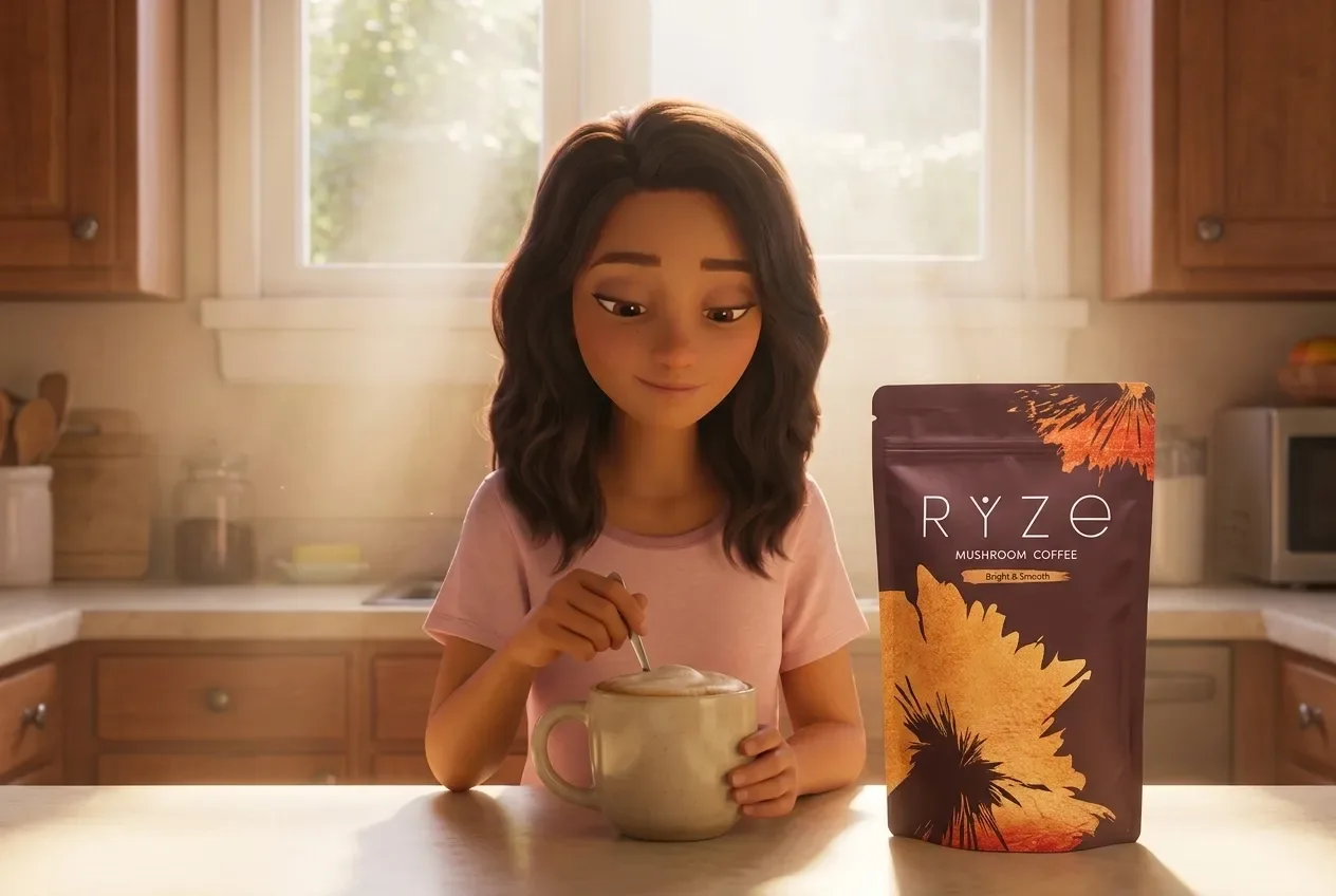 Animated mom stirring a creamy mug of RYZE at her counter, the RYZE bag beside her