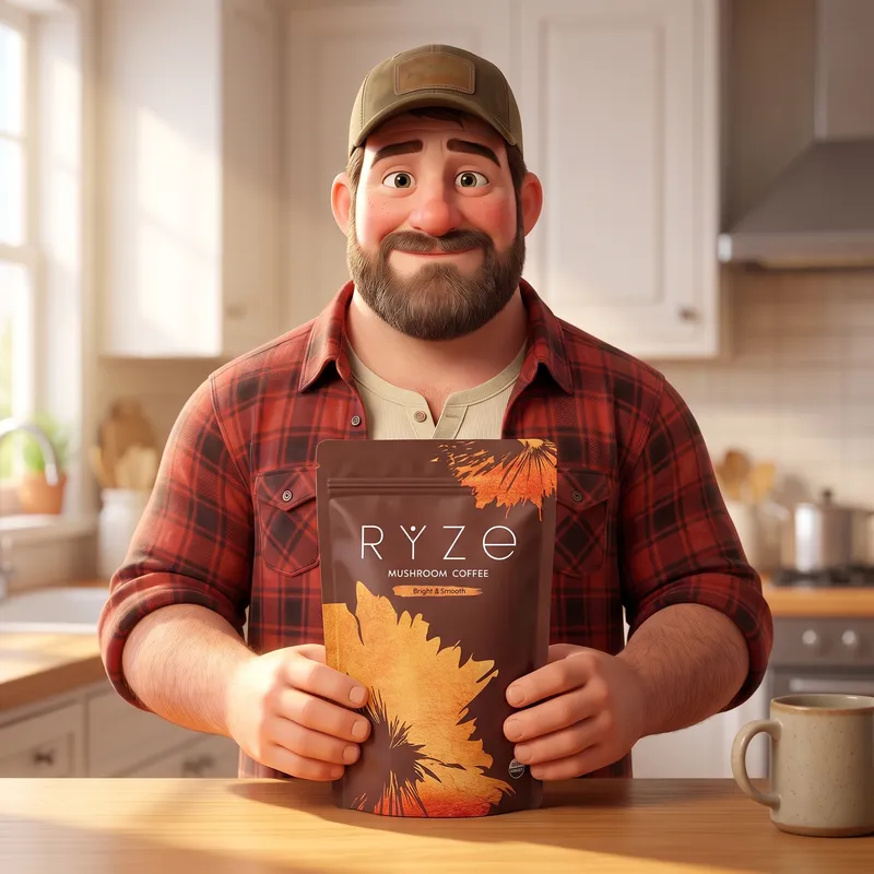 Animated trucker holding a bag of RYZE Mushroom Coffee in his kitchen