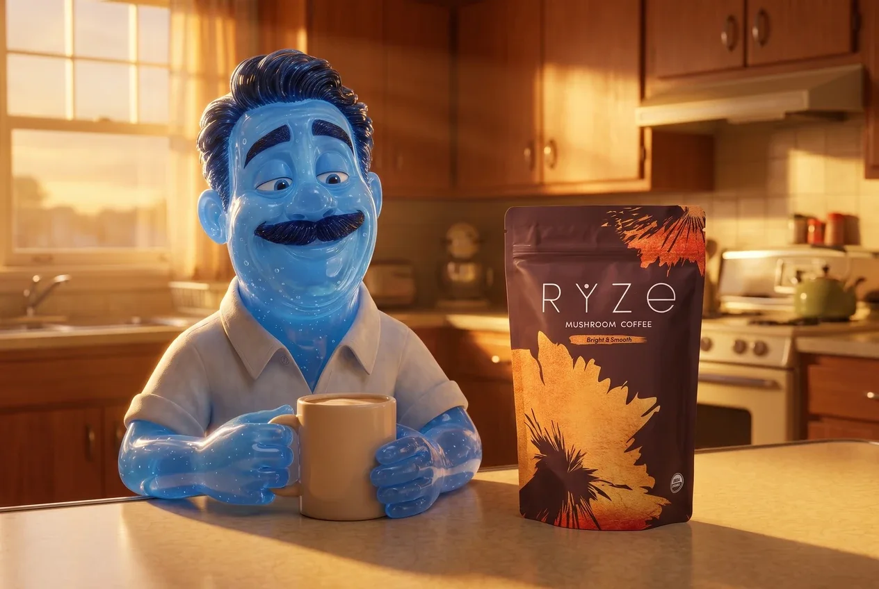 Animated man savouring a creamy cup of RYZE mushroom coffee, eyes closed