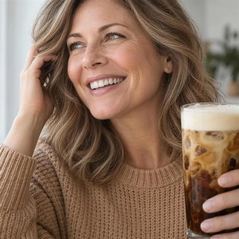 Smiling woman holding a glass of iced RYZE mushroom coffee