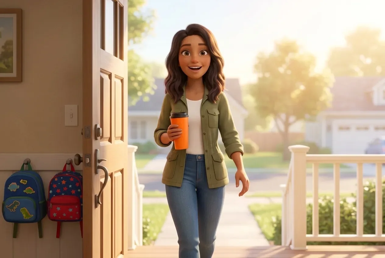 Animated mom stepping out her front door with a travel cup, kids' backpacks by the door
