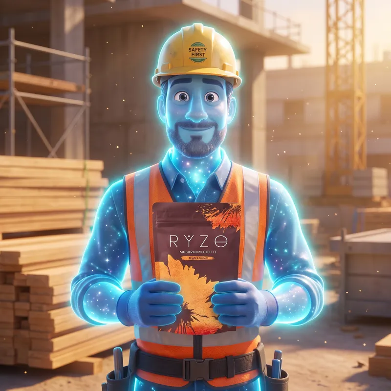 Illustrative animated glowing blue construction worker holding the brown RYZE Mushroom Coffee pouch at his work bench