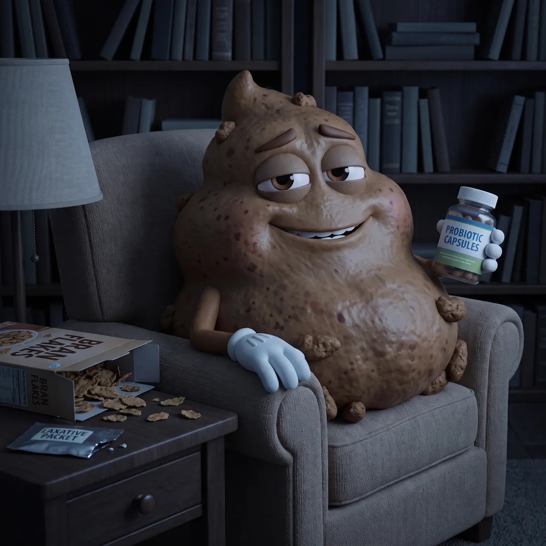 Animated stuck-poop villain slouched smug in a dim armchair with a probiotic bottle, spilled bran flakes and a laxative packet