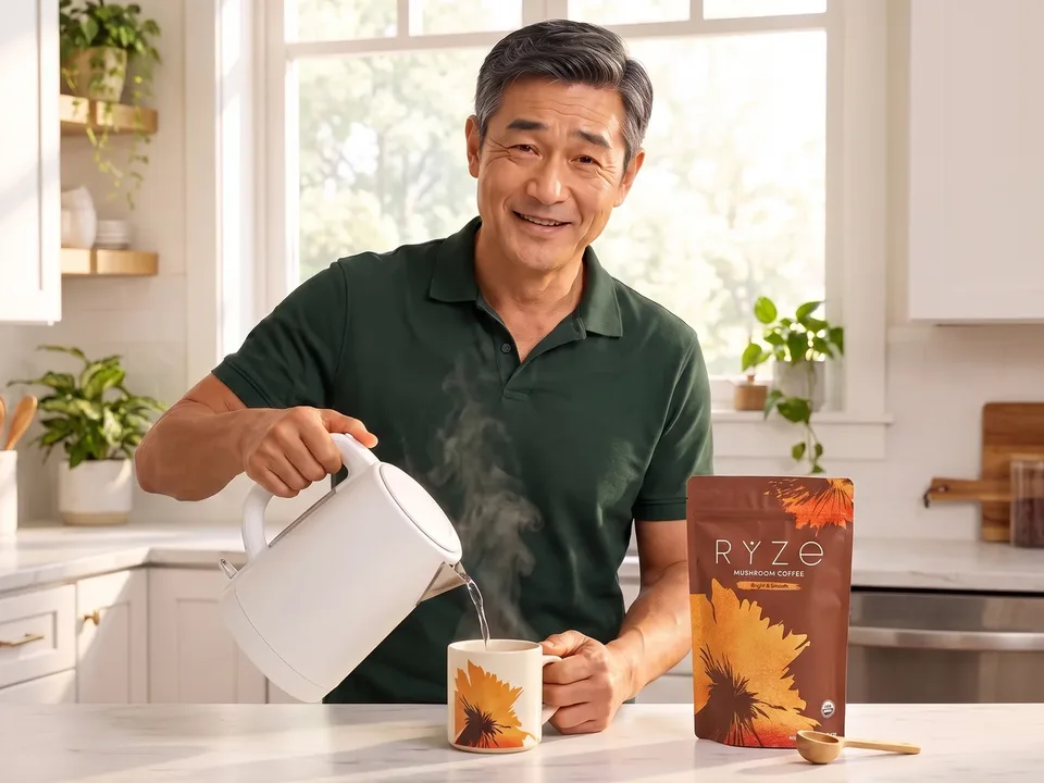 The man pouring hot water into a RYZE mug at his kitchen counter, the brown RYZE pouch and wooden scoop beside it.