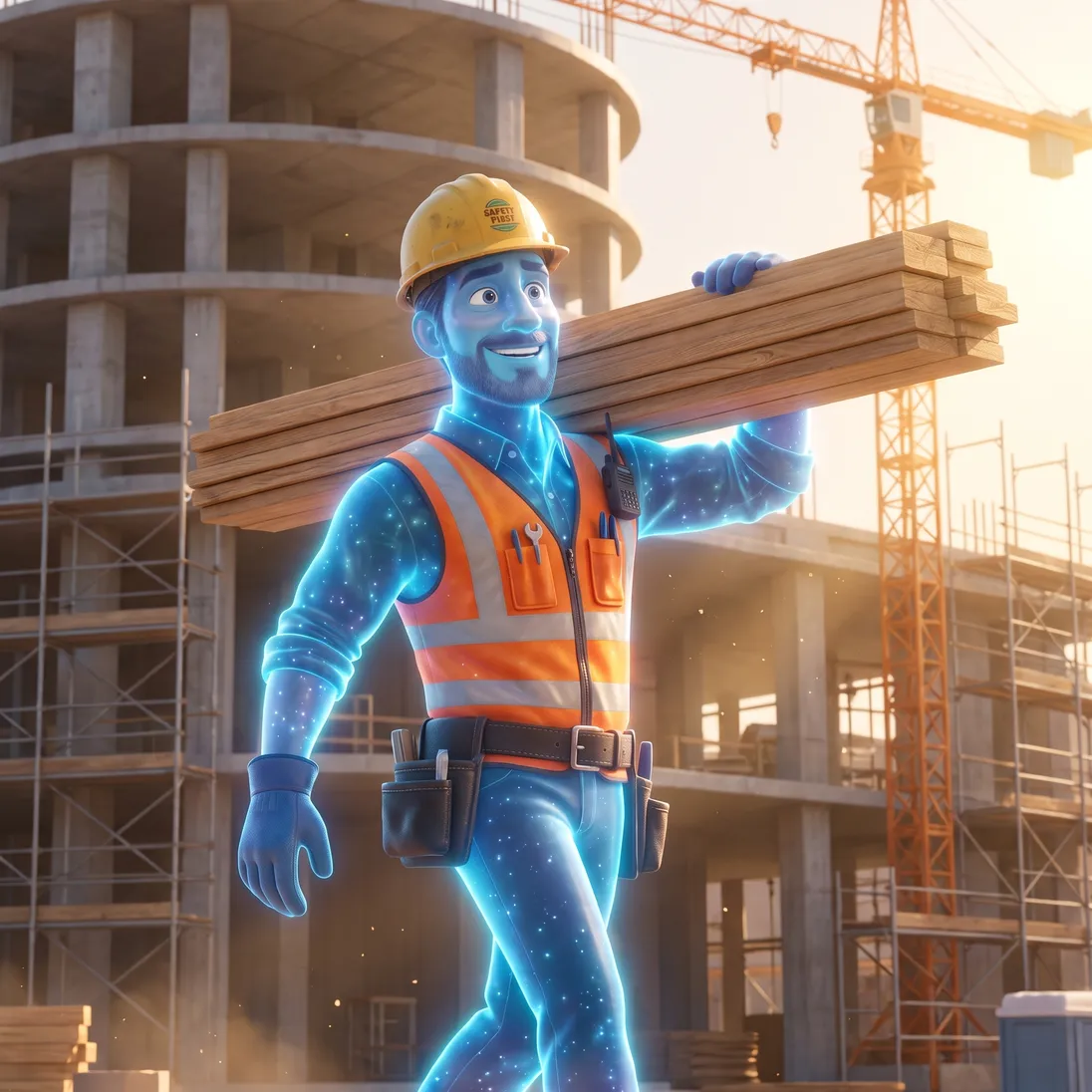Illustrative animated glowing blue construction worker carrying lumber across the site at two in the afternoon, full of energy