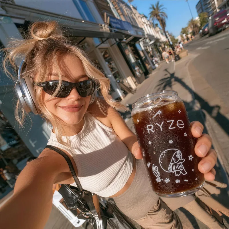 Customer out walking, holding up an iced RYZE coffee