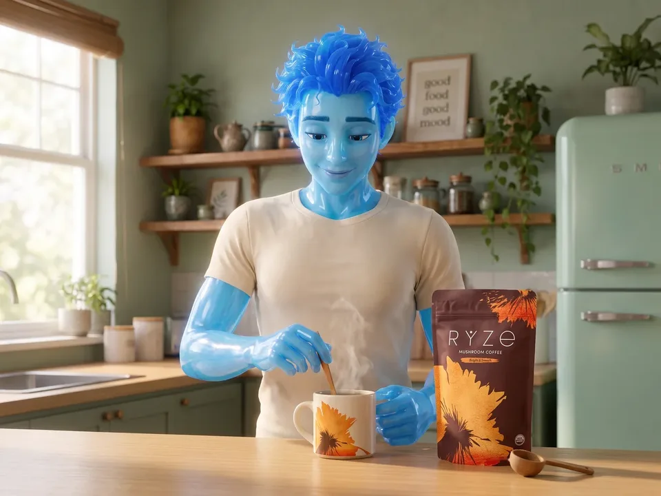 The animated blue glass man stirring his RYZE mug at the kitchen counter beside the brown RYZE pouch and wooden scoop