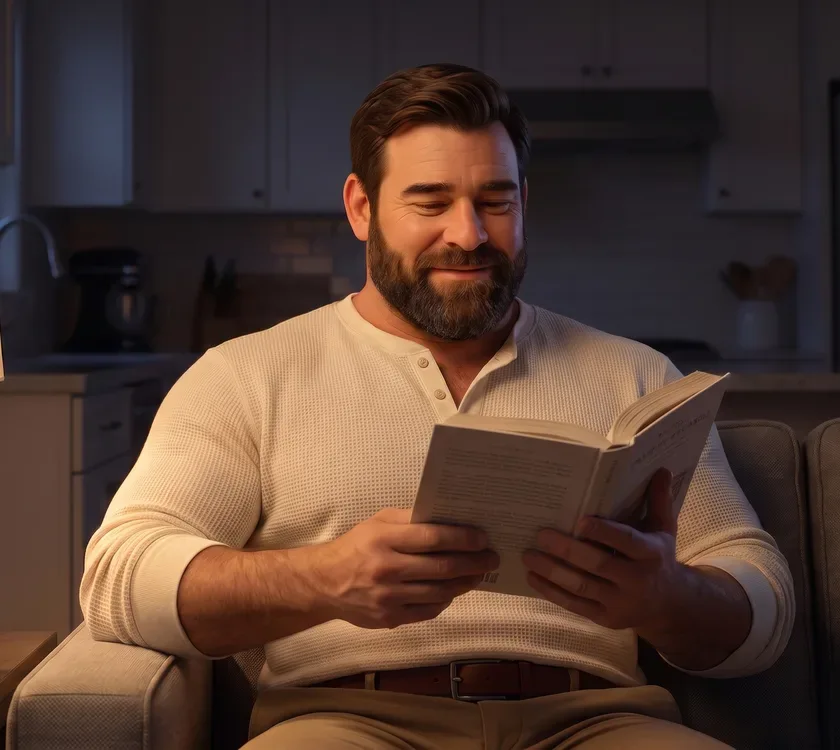 The animated bearded dad relaxed on his sofa in the evening with a paperback, the kitchen dark and quiet behind him.