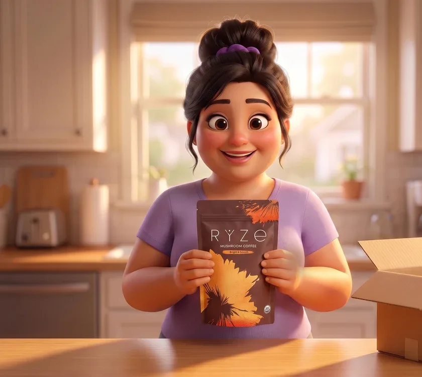 The animated mom holding the brown RYZE pouch up at chest height in her kitchen, smiling, the empty shipping box pushed to the edge of the counter.