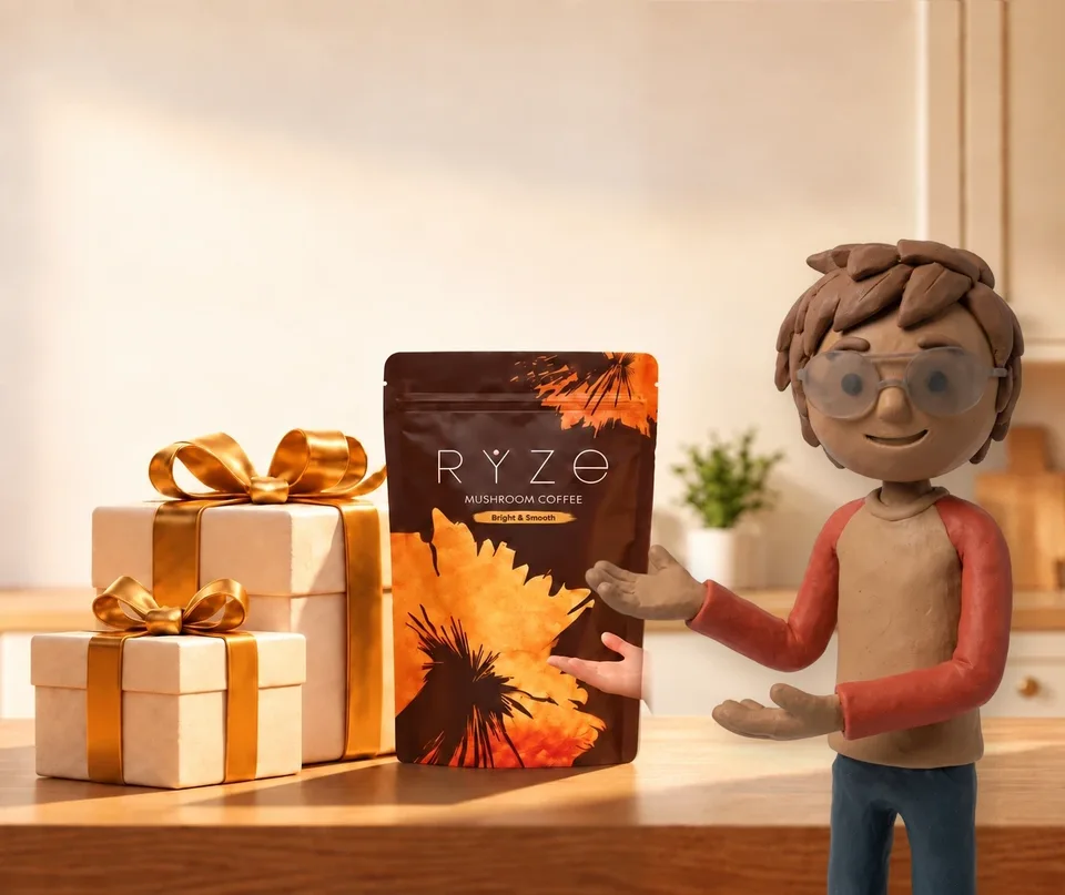 UP TO 40% OFF + FREE GIFTS. RYZE coffee and two wrapped gifts on a kitchen counter with the clay young man in the red-sleeved tee presenting them in the foreground.