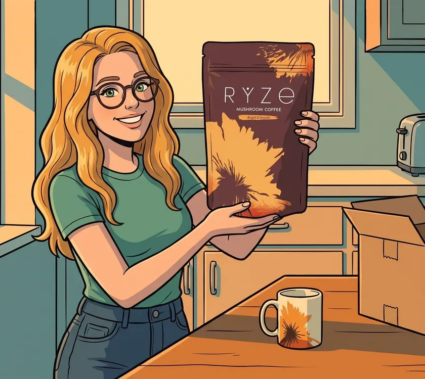 The woman from the ad holding the brown RYZE pouch up at chest height in her kitchen, beaming.