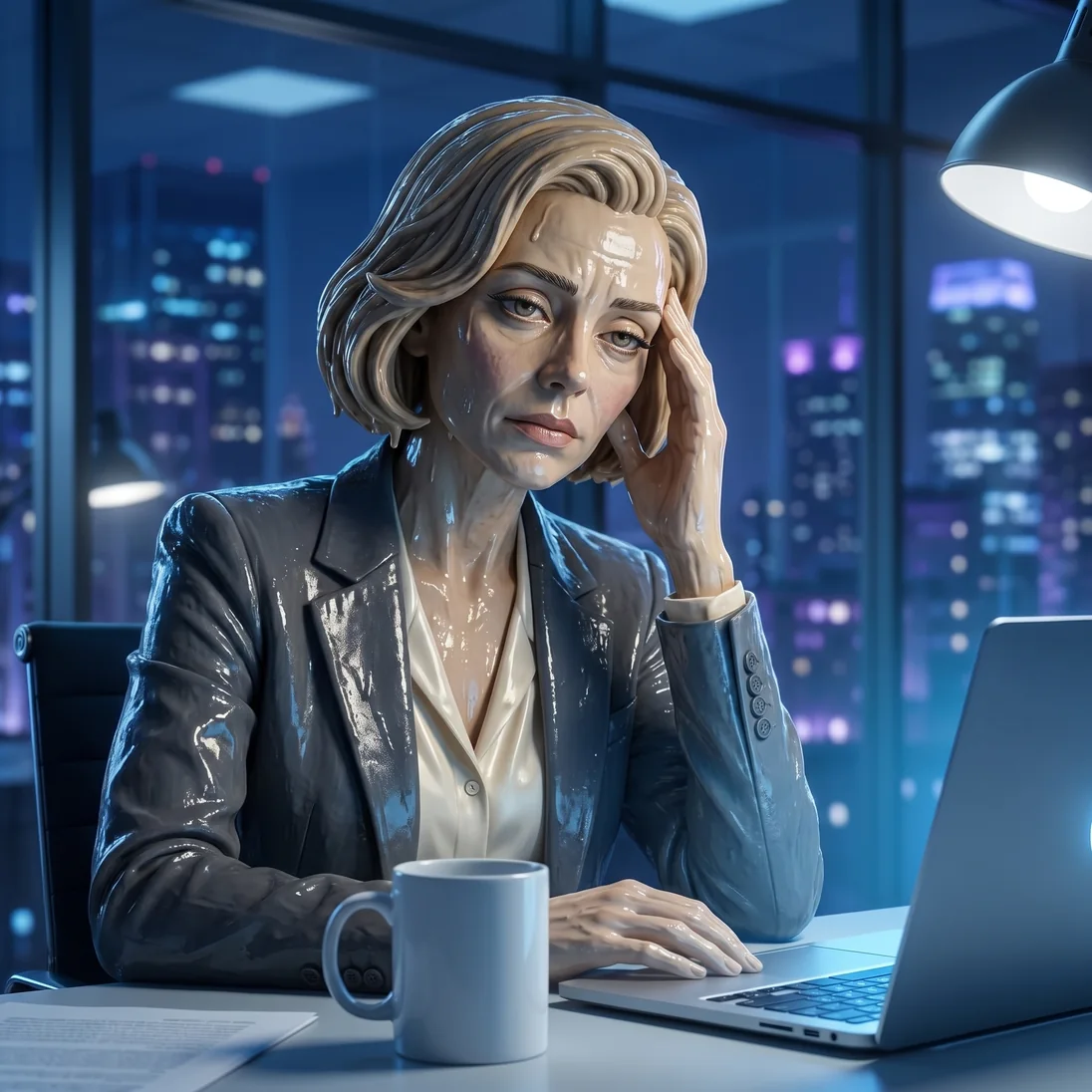The clay 3D woman from the ad slumped at her night-office desk at 3am, hand at her temple beside a plain mug and a laptop, cool blue light.