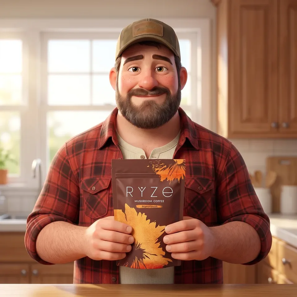 Animated trucker holding up the brown RYZE Mushroom Coffee pouch with both hands in his kitchen