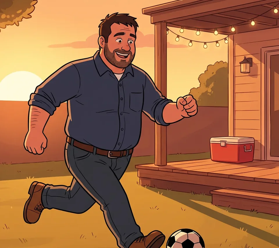 The animated bearded foreman kicking a soccer ball across his backyard at golden hour, boots still on, energy left after the shift.