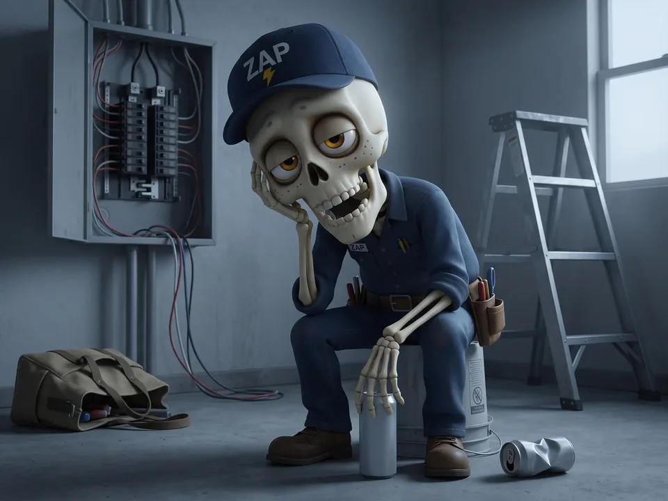 Animated skeleton electrician slumped on a bucket in a half-finished garage at 2pm, an energy-drink can beside him, the job abandoned.