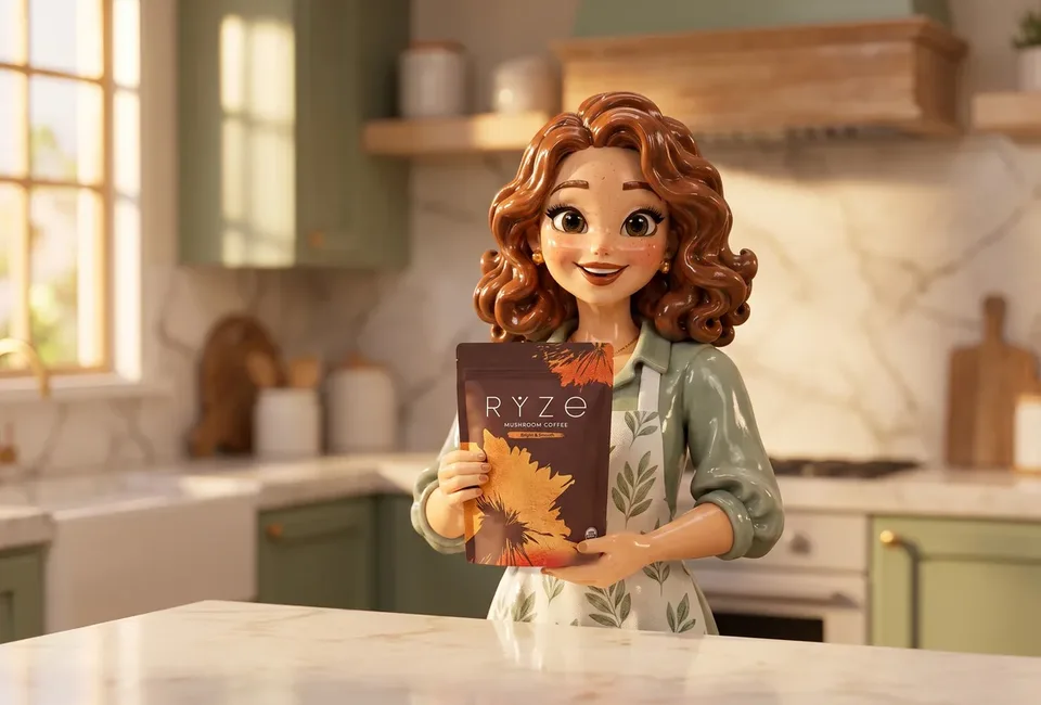 The clay-figurine woman from the ad at her marble island holding the brown RYZE Mushroom Coffee pouch with both hands, smiling.