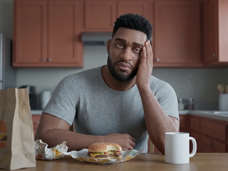 The animated man in a grey tee slumped at his kitchen table at 2pm beside a fast-food bag, a half-eaten burger and a plain mug