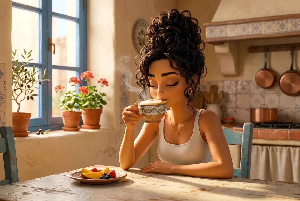 Animated mom savouring a creamy cup of RYZE at her sunlit kitchen table