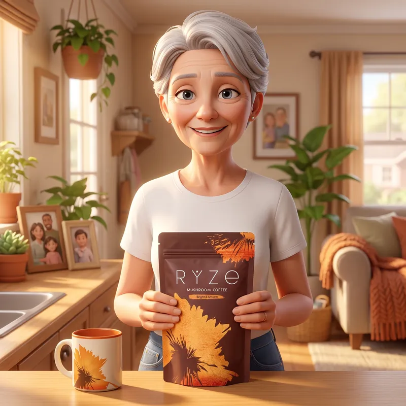 Animated 71-year-old mother holding a bag of RYZE Mushroom Coffee in her bright kitchen