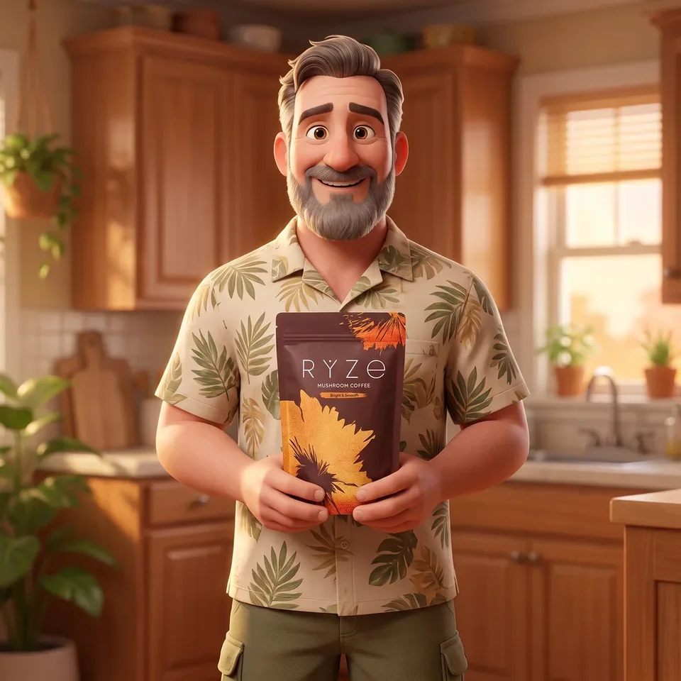 Animated bearded man holding the brown RYZE Mushroom Coffee pouch with both hands in his kitchen