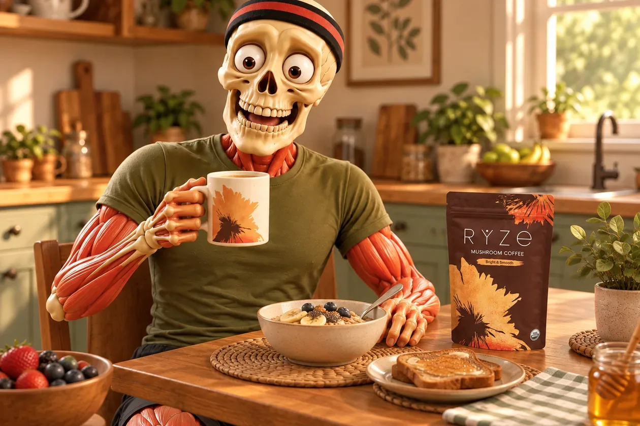 Friendly sporty skeleton sitting comfortably at a balanced meal.